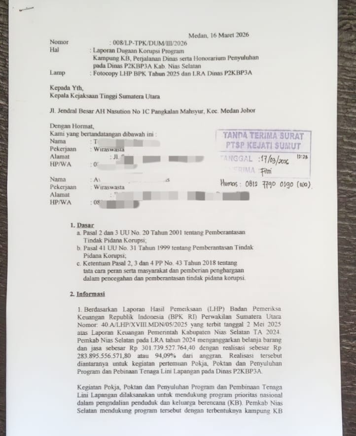 Pegiat Anti Korupsi Laporkan Dinas P2KBP3A Nisel ke Kejatisu, Ini Tanggapan Kadis