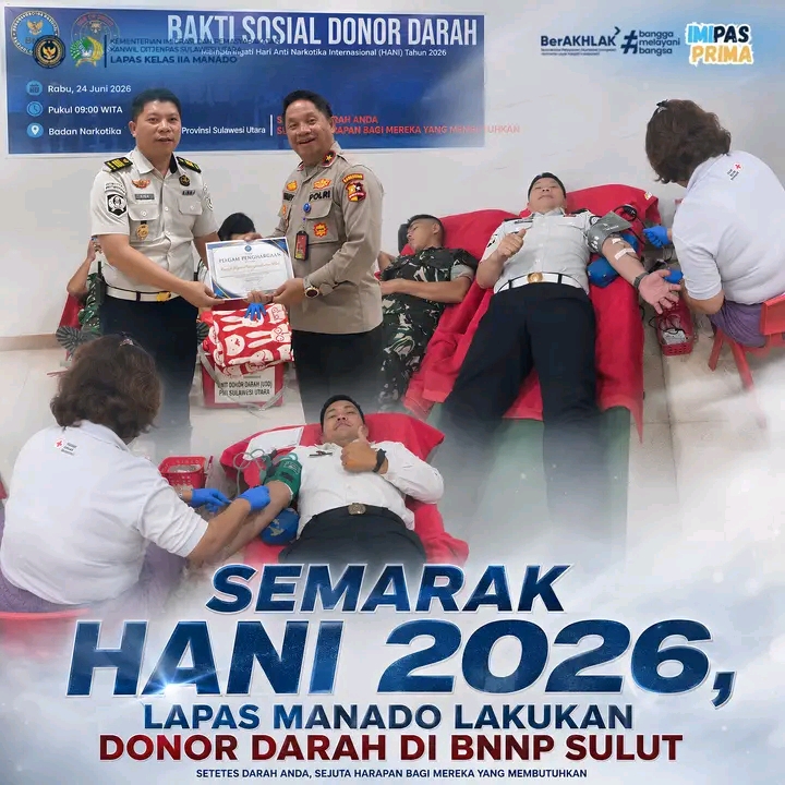 Semarak HANI 2026, Lapas Manado Lakukan Donor Darah di BNNP Sulawesi Utara